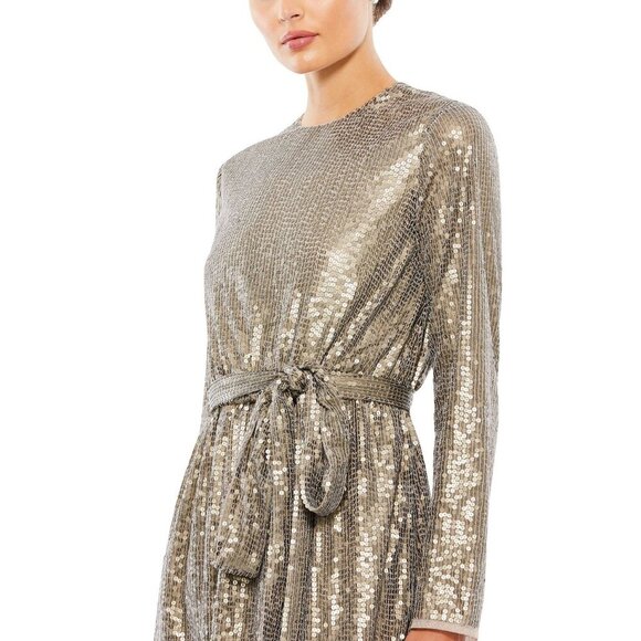 NWT Mac Duggal Sequin Embellished Long Sleeve High Neck Mini Dress Taupe 8 - Picture 2 of 8